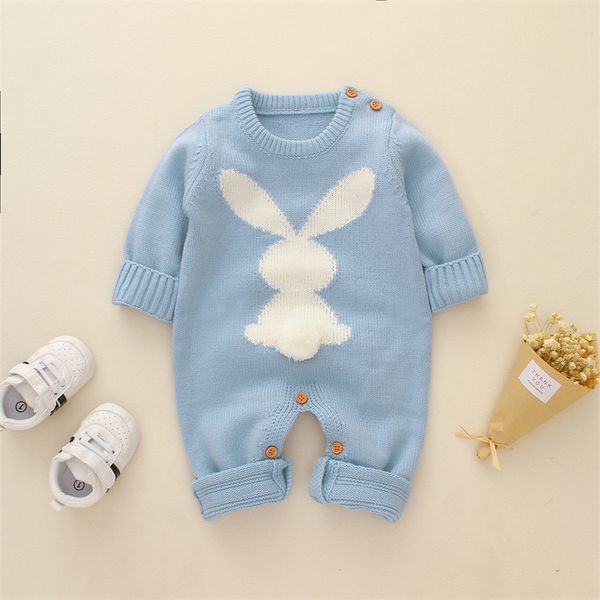 

baby rompers long sleeve cute rabbit knitted newborn boys girls jumpsuits infant kids overalls autumn toddler bunny clothing 0-2 y200320, Blue