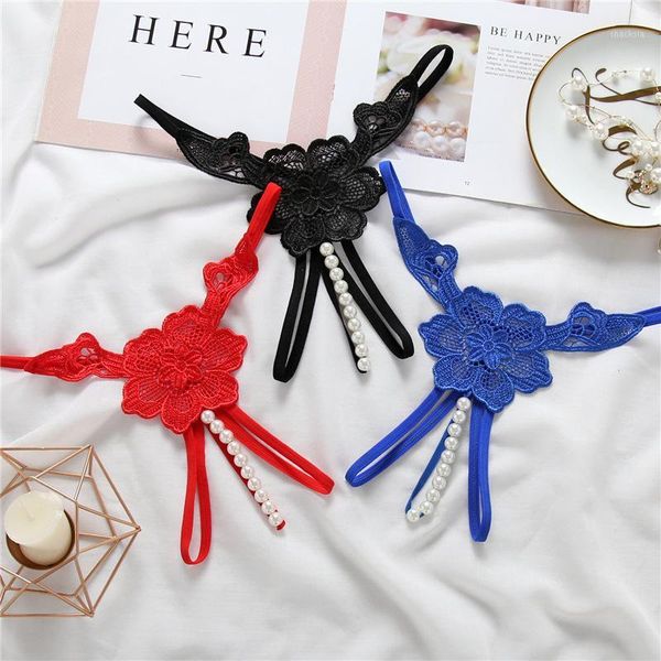 

imitation pearl beading massage crotchless women's underwear g-strings embroidery flowers thongs erotic panties low-rise1, Black;pink