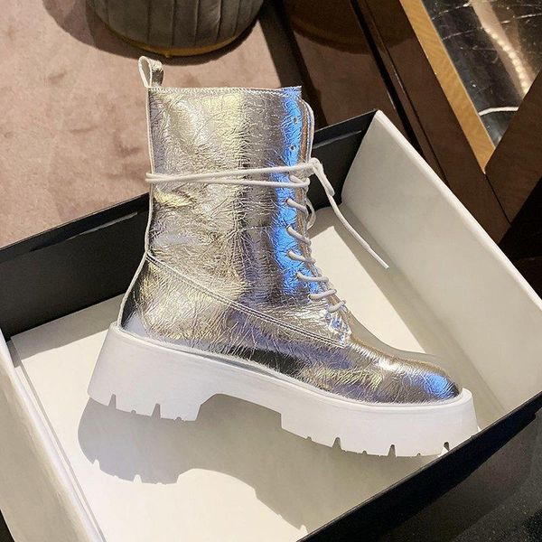 

boots 2021 winter fashion platform for women thick soled ankle leather woman shoes silver black gladiator boot