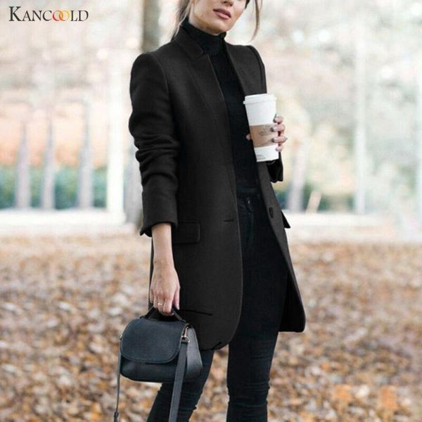 

kancoold coats womens winter wool trench jacket ladies warm slim long overcoat outwear button fashion new coat women 2020nov251, Black