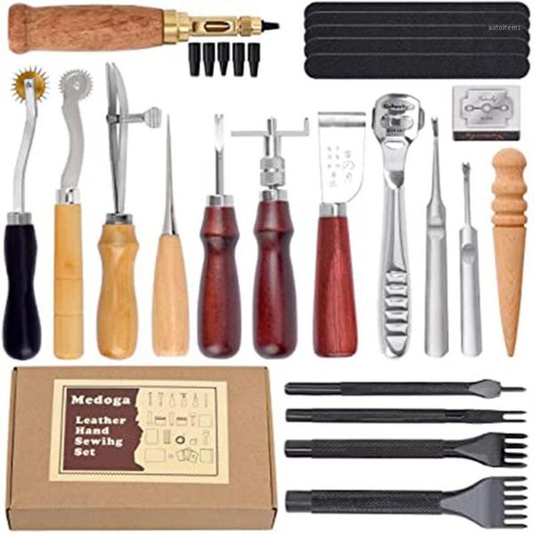 

new 18pcs handmade leather hand-sewn suit set leatherwork tools for stitching marking working sewing and grooving1