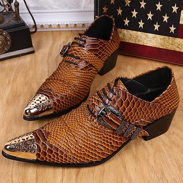 

men's dress shoes luxury leather oxford shoes iron snake skin pointed buckle belt flat wedding dress, Black