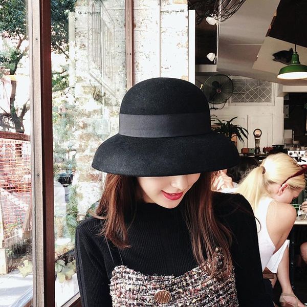 

French vintage heben woollen bell-shaped hat lady autumn winter dome lampshade hat basin top fisherman thermal, Blue;gray