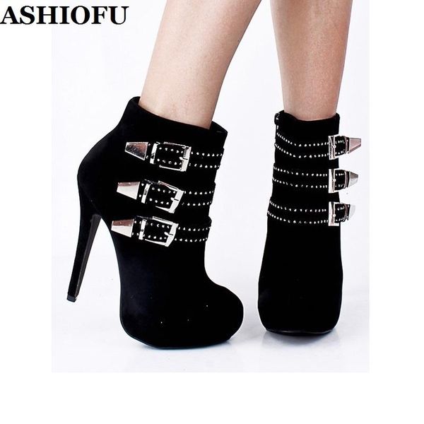 

ashiofu new handmade women's high heels boots three buckle straps party ankle booties platform evening fashion short boots, Black