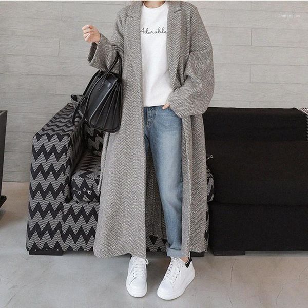 

new x-long antumn winter herringbone casual open stitch pockets loose wool jacket plus size cashmere coat woman overcoat okd5851, Black