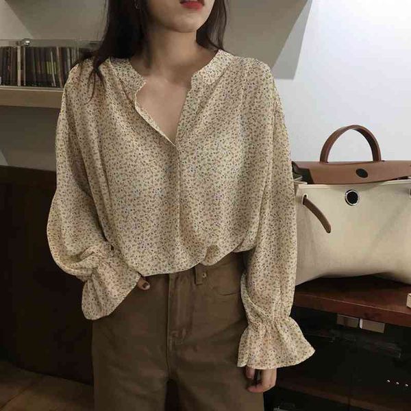 

fashion women shirt autumn long puff sleeve v neck floral print chiffon shirt loose blouse ladies top, White