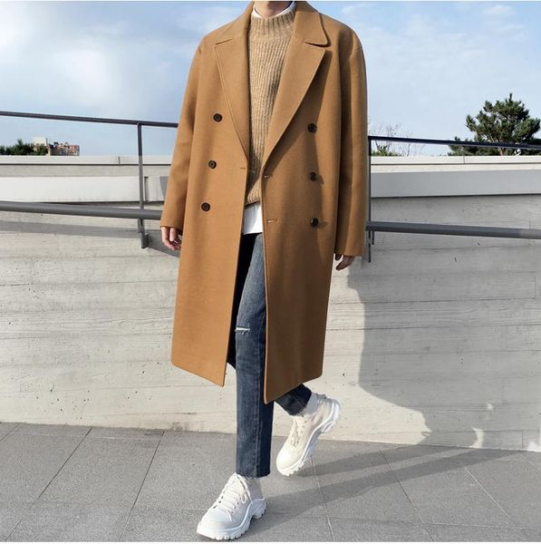 

obrix woolen male coat basic double breasted v-neck loose full sleeve casual style coat for men, Black