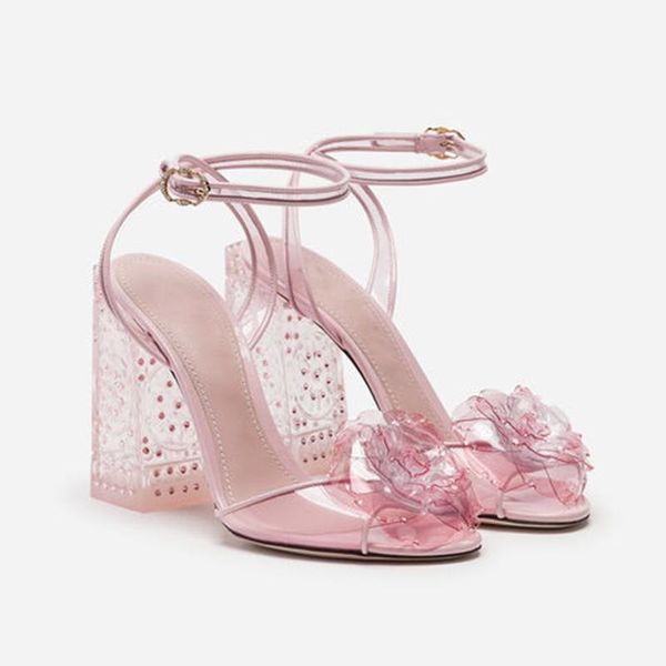 

pink flower jelly sandals plus size ladies weeding shoes bridal transparent high heels, Black