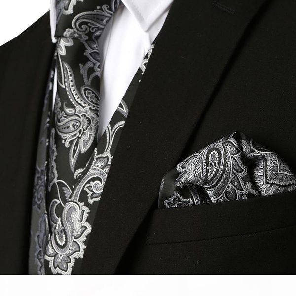 

mens black waistcoats slim fit men 3pcs vest+necktie+handkerchief set 2018 paisley jacquard tuxedo suit vest for party wedding, Black;white