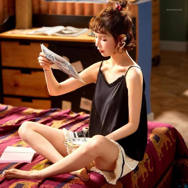 

women's sleepwear summer cotton sleeveless full pajamas set pijamas women thin 2pcs cami shorts nightwear home clothes1, Black;red