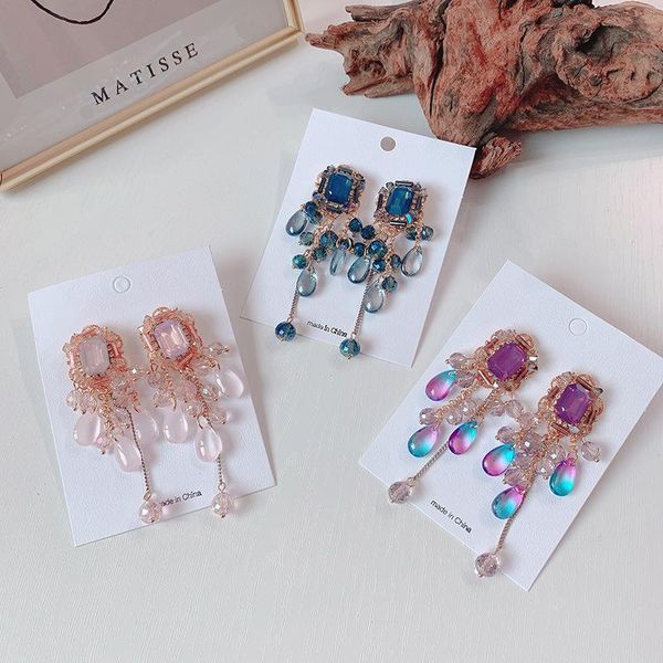 

korean luxury square watetdrop crystal tassel drop earrings for womentemperament statement pendientes jewelry, Silver
