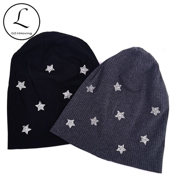 

casual winter star rhinestone beanies hats for women ladies solid slouchy cotton ribbed knit caps skullies girls bonnet gorros y201024, Blue;gray
