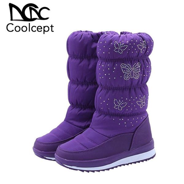 

coolcept small size 31-36 winter mid calf down snow boots women warm thicken fur flats boots add plush cotton shoes children, Black