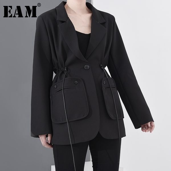 

[eam] women black drawstring big size blazer new lapel long sleeve loose fit jacket fashion tide spring autumn 1s34801 201201, White;black