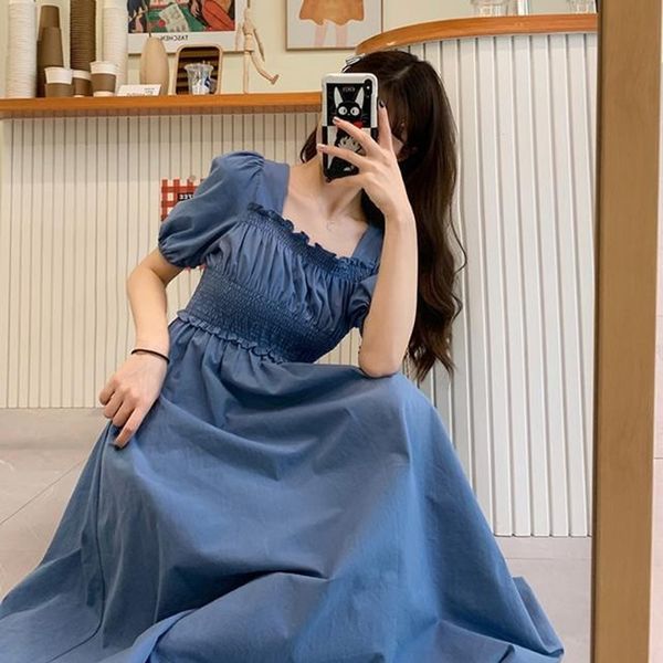 

summer 2020 new retro french style knee length dress slim waist bubble square neck short sleeve dress for women, White;black