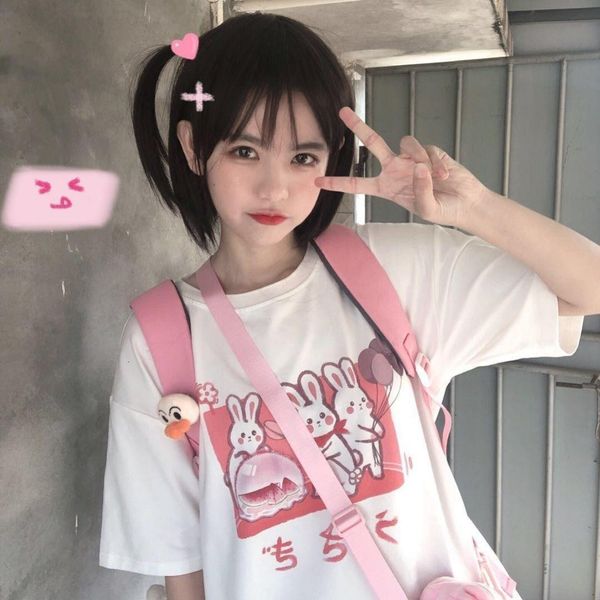 

ulzzang rabbit cute cartoon sweet girls japan streetwear harajuku summer pink fun kawaii casual vintage loose women t-shirt, White