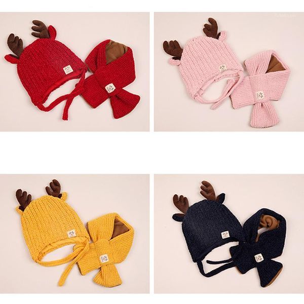 

autumn winter children's hat baby child warm cute hat and scarf baby elk knit clothing accessories1, Yellow
