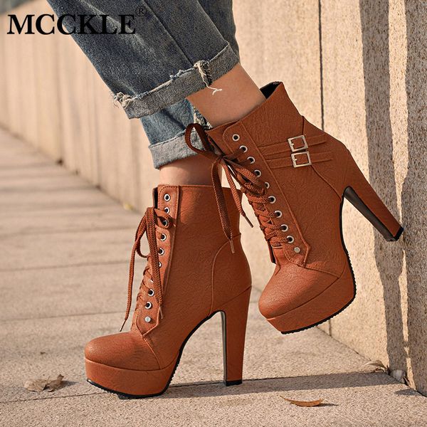 

mcckle plus size ankle boots women platform high heels female lace up women's shoes buckle woman short boot ladies footwear c1016, Black