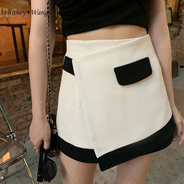 

whitney wang 2021spring summer fashion colors contrast patchwork asymmetrical shorts skirts women office lady trousers, White;black