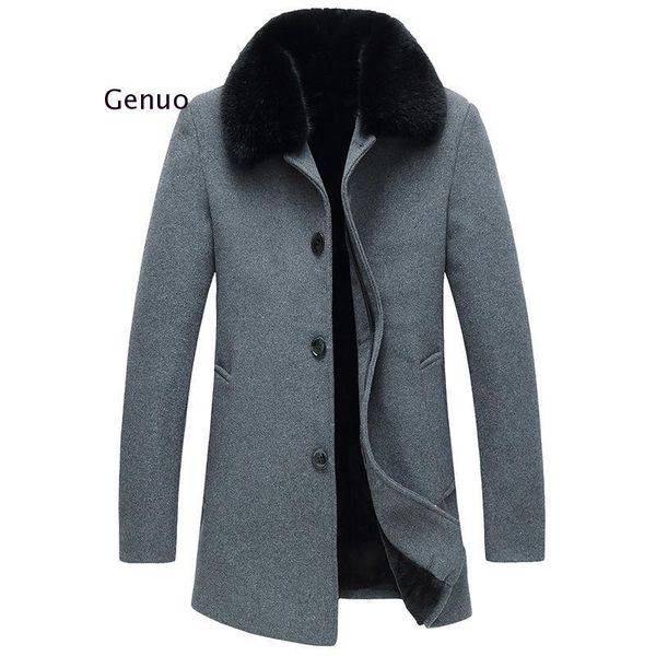 

long coat winter woolen men fleece thick detachable large fur collar wool coat autumn windbreaker casual jacket mens clothing, Black