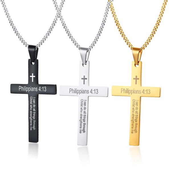 

pendant necklaces classic simple cross philippians 4:13 necklace for men women gold color stainless steel casual religious christ jewelry, Silver