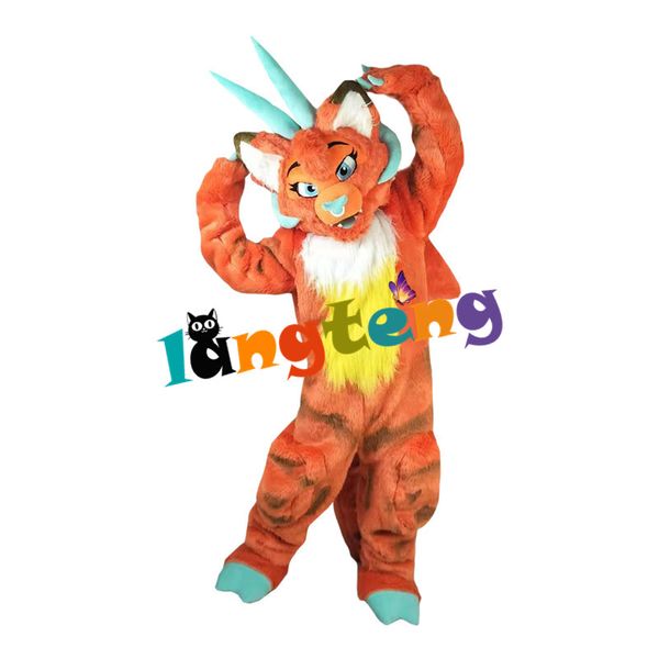 

mascot costumes942 long fur orange dragon fursuit mascot costume cartoon festival celebration aduit, Red;yellow