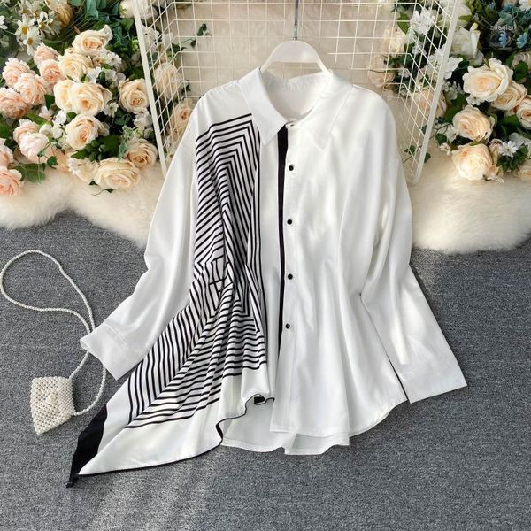 

women's blouses & shirts 2021 spring autumn vintage blouse women loose long sleeve irregular clothing woman streetwear geometric patter, White