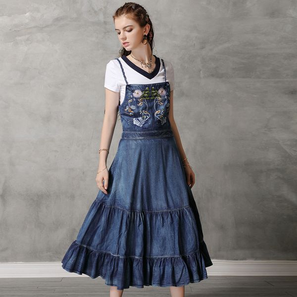 

women's summer 2021 black friday new sling denim skirt embroidered dress 82155, White
