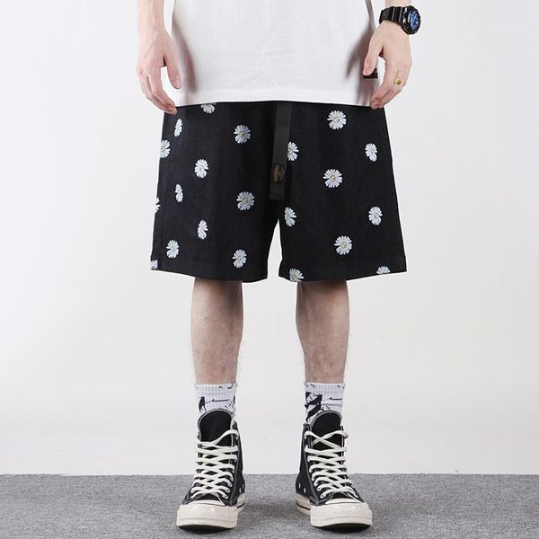 

daisy print denim shorts men's streetwear casual with belt short jeans baggy elastic waist knee-length pants1, Blue