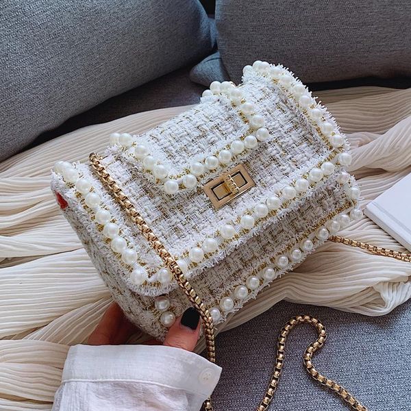

2020 new women's designer handbag quality woolen plush women bag pearl chain shoulder messenger bag simple square