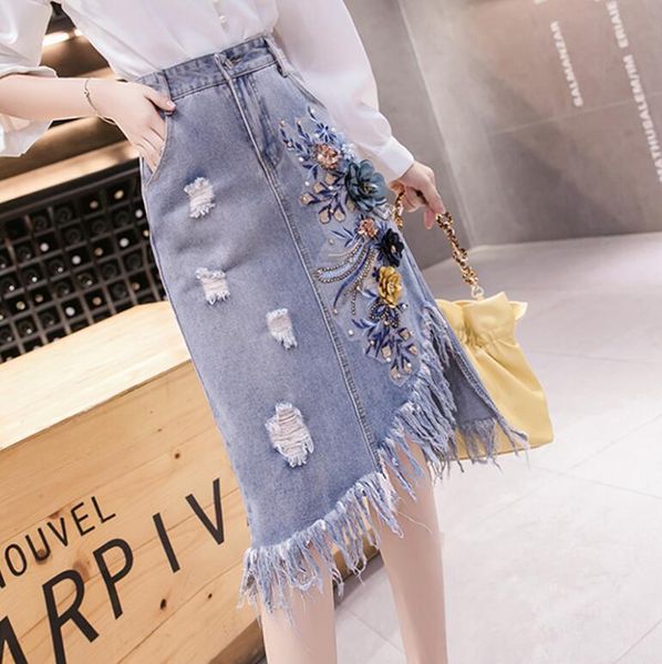 

2021 will see women beading flower borla irregular hole denim skirt designer woman embroidered brim pants thin skirts plus size p525 tboy, Black