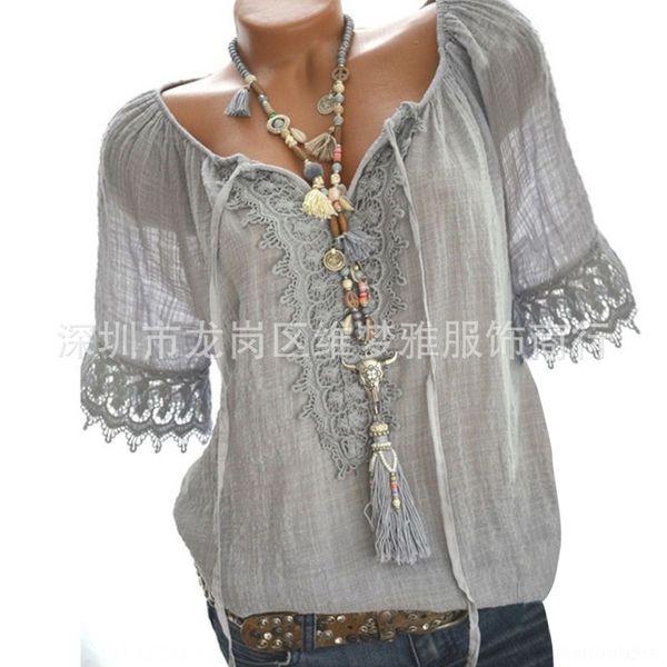 

2a1uk короткого сплошного цвета кружево шить кружево женщин linent рубашка хлопок linenhemp свободного большой hf8zd 2019v-образный вырез ру, White