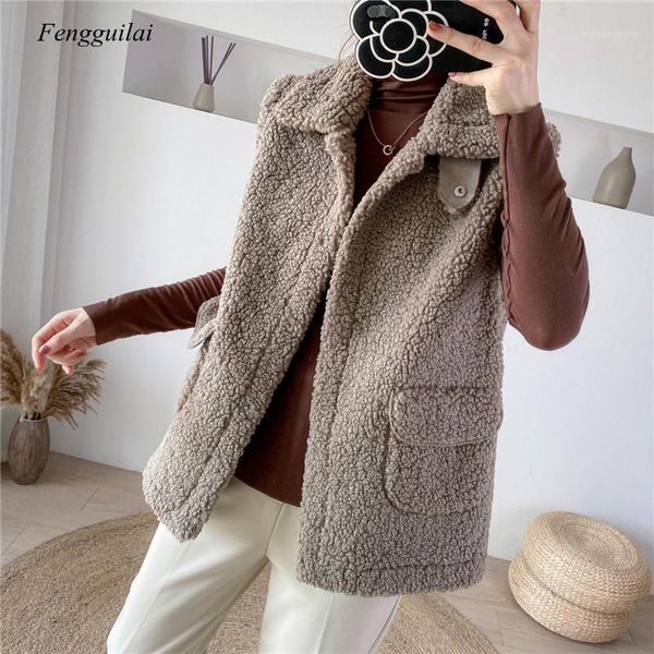 

2020 winter vest jackets lamb wool thicken warm waistcoat women turn down collar hidden button pockets outwear sleeveless coat1, Black;white