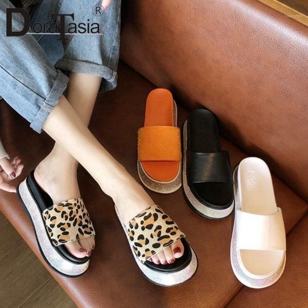 

doratasia new ins style rhinestone flat platform slides comfy summer slip-on wedges slippers women cool leopard shoes woman1, Black
