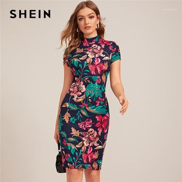 

shein multicolor mock-neck form fitted floral print dress women spring cap sleeve bodycon elegant pencil midi dresses1, Black;gray