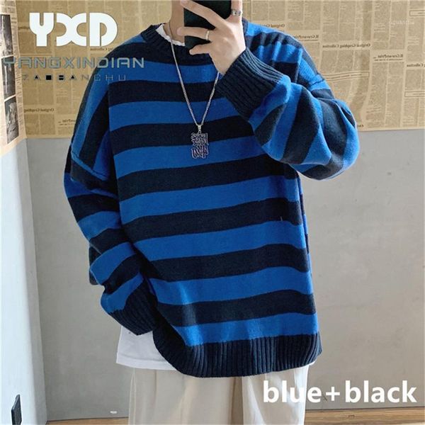 

plus size 3xl loose striped sweater fashion men casual knit sweaters 2020 new o-neck pull homme streetwear pullover male clothes1, White;black