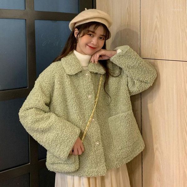 

retro lapel single-breasted lamb wool coat women autumn and winter new loose jacket women1, Black;brown