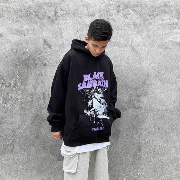 

high men's street dark print style plush off shoulder sweater hip hop loose lazy trend hoodie, Black