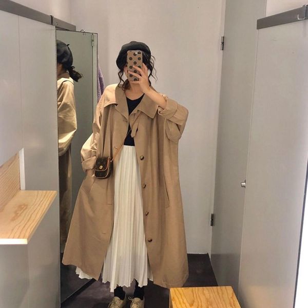 

2021 [with lining] women's long fashion new big female size trench coat thin on the ladies'coat knee d8b9, Tan;black