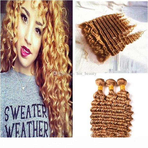 

#27 honey blonde brazilian deep wave curly virgin human hair weave 3 bundles with light brown 13x4 ear to ear full lace frontal, Black