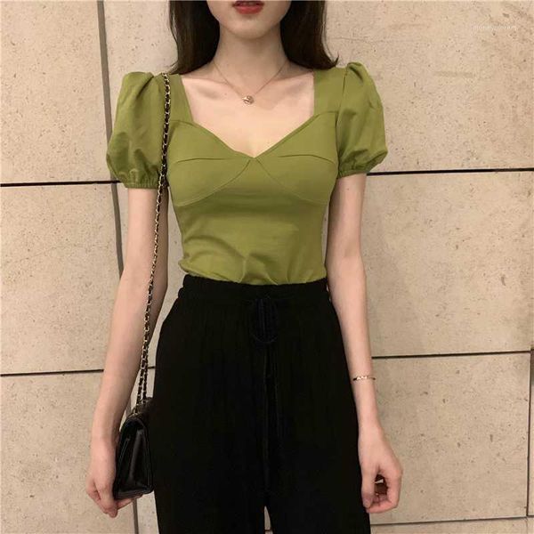 

women's t-shirt real pos vintage puff short sleeve v-neck slim girls solid stretchy summer tshirts crop for women1, White