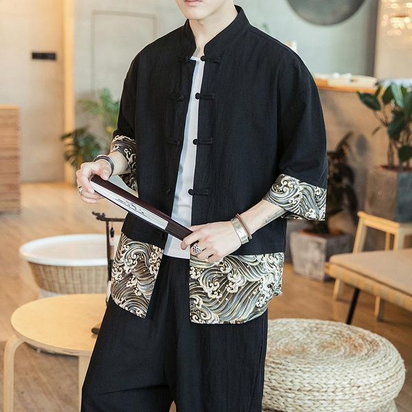 

chinese style cotton disc button short-sleeved shirt men's summer stand collar large size ethnic style short-sleeved men's shirt1, White;black