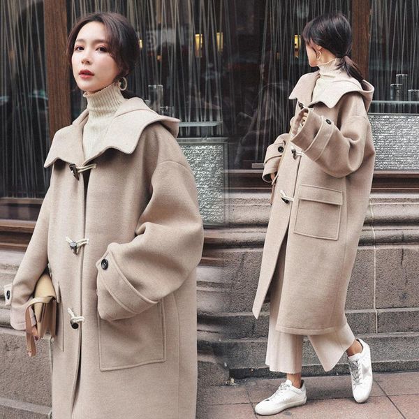 

women's wool & blends autumn and winter clothing korean version of red horn buckle woolen mid-length hooded student fashion coat, Black