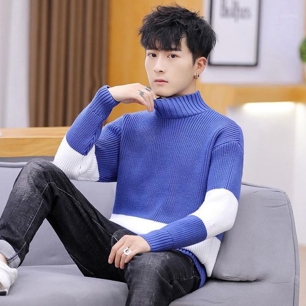

2019 winter high neck thick warm sweater men turtleneck brand patchwork mens sweaters slim fit pullover men knitwear male 2671, White;black