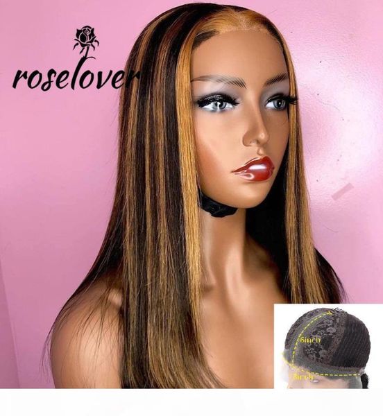 

roselover 180% transparent lace highlight wig ombre brown honey blonde short bob wig lace part colored human hair wigs, Black;brown