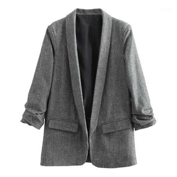 

2020 women retro twill wave striped blazer shawl collar ruched cuff mid long suit casual jacket loose coat outerwear1, White;black