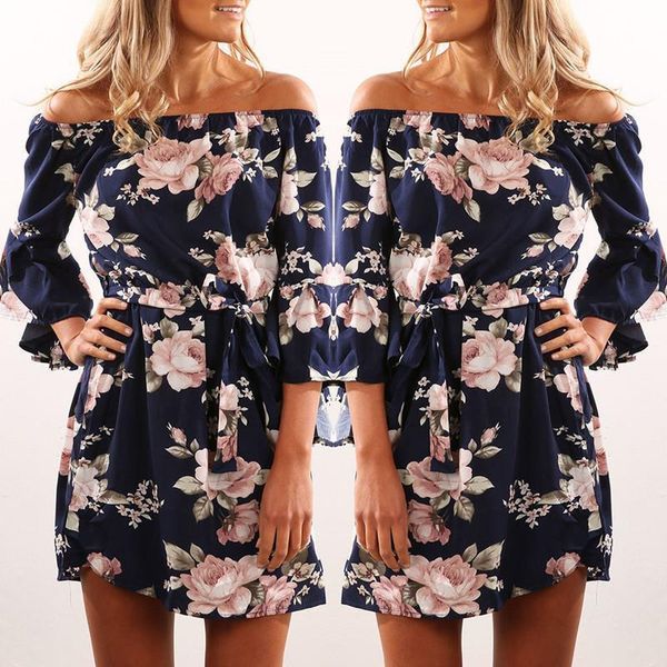 

women dress 2021 summer off shoulder floral print chiffon dress boho style short party beach dresses vestidos de fiesta 3xl, Black;gray