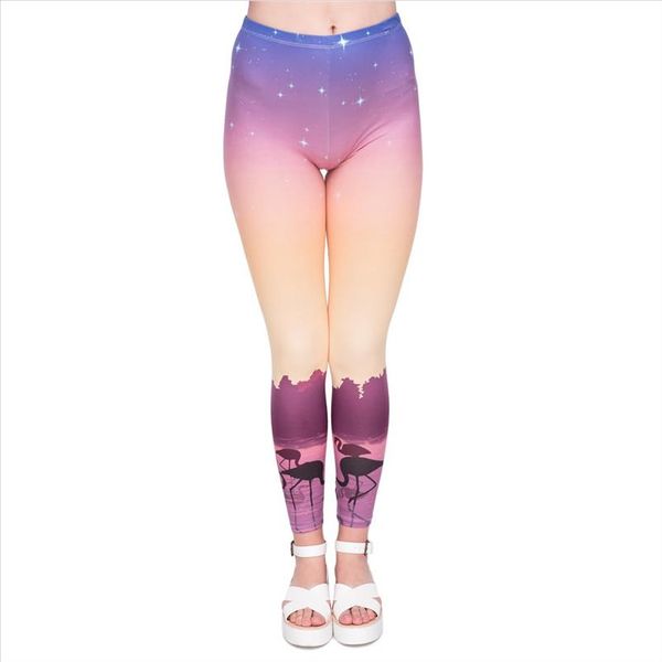 

flamingo series women legging violet lake printing leggings fitness slim high waist woman pants drop shipping, Black