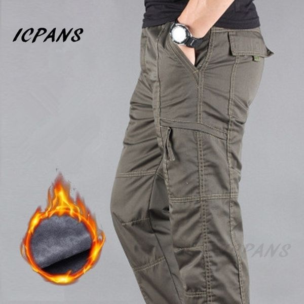

icpans cargo pants men winter thicken fleece multi pocket work pants men casual cotton military tactical pants men plus size 3xl 201110, Black