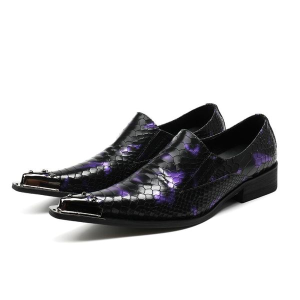 Estilo Britânico Metálico Metálico Apoiado Toe Salto Alto Saltos Mens Sapatos Snake Pele Couro Mens Cravejado Locais Tamanho13